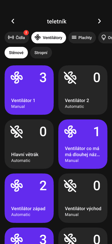 Provozní aplikace pro stáje – ovládání ventilátorů v ručním a automatickém režimu
