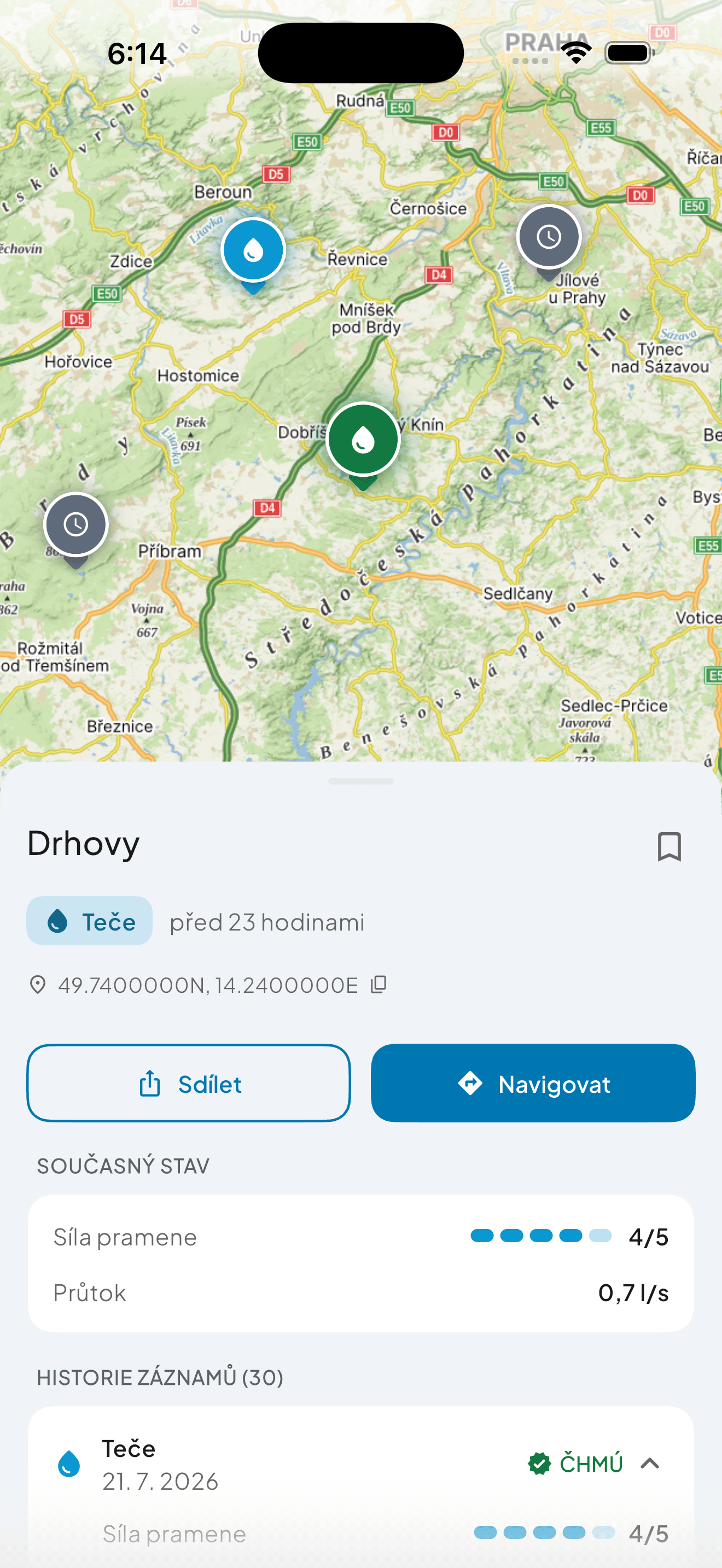 Mapová aplikace – detail místa s aktuálním stavem a historií hlášení